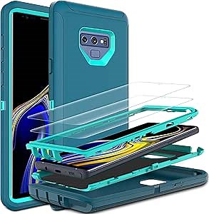 Galaxy Note 9 Case, 3 in 1 Full Body Shockproof Heavy Duty Protection Case with Self Healing Flexible TPU Screen Protector [2 Pack], Blue/Turquoise