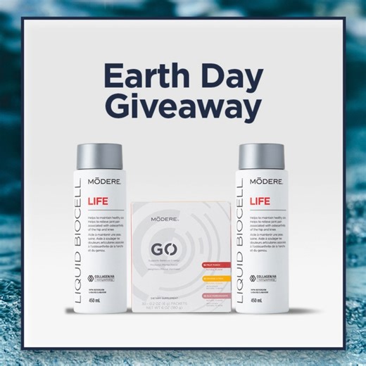 Did you know that by concentrating our award-winning Liquid BioCell® products and producing our GO clean energy supplement in water-soluble stick packs we've saved over 3,416,587 gallons of water — and continue to save more than 50,000 gallons every month! That's why we're giving away 2 bottles of Liquid BioCell® Life and a Modere Go Variety Box to 5 lucky winners in honor of Earth Day! Enter now for your chance to win! https://modere.io/wkWNu5 Winners will be contacted via email. We will never 