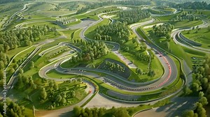 A race track in the countryside with winding curves and straightaways, surrounded by fields and trees, Dynamic layout and layout of the racing circuit