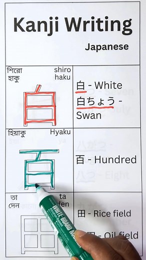 13K views · 190 reactions | Kanji writing with pronunciation and use in words #fblifestyle #kanji #japanese #jlptn5 白　百　田 | JLPT Listening | Facebook