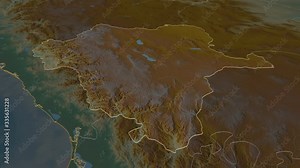 Durango, state with its capital, zoomed and extruded on the relief map of Mexico in the conformal Stereographic projection. Animation 3D Stock Video