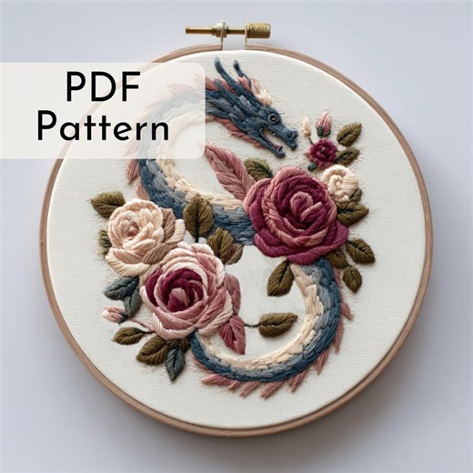 Dragon Embroidery Pattern: Fantasy Art, Reading Nook, Roses and Dragon, Books, 6 Hoop Sizes - Etsy