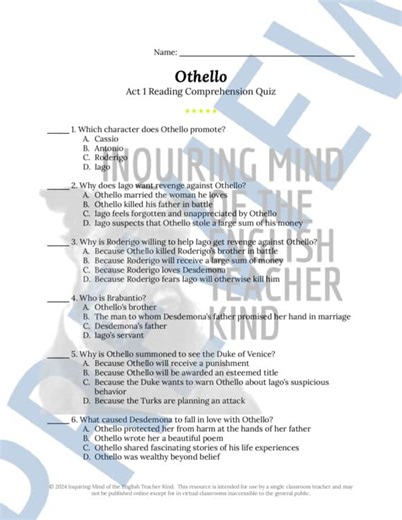 Othello Act 1 Quiz and Answer Key | Shakespeare Assessment | Reading Worksheet