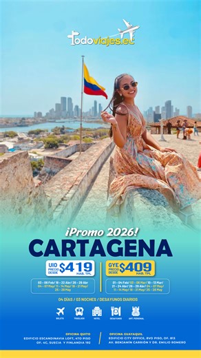 ✨✈️ CARTAGENA BASIC 2026 🇨🇴🌴 Reserva hoy… viaja mañana (antes de que termine el 2025) El 2026 se planea con tiempo, y Cartagena es ese viaje que no puede faltar en tu lista 🌊☀️ Aprovecha esta oportunidad para reservar ahora, asegurar tu cupo y empezar el nuevo año con un plan que te motive desde ya 💙 🧳 PROGRAMA INCLUYE: ✔️ Boleto aéreo ida y vuelta desde Quito o Guayaquil vía Avianca ✔️ Artículo personal ✔️ Traslado aeropuerto – hotel – aeropuerto ✔️ 3 noches de alojamiento en el hotel a t