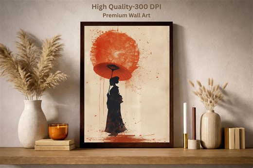Japanese Woman Wall Art Printable, Geisha Silhouette Print, Red Sun Umbrella Art, Japandi Minimalist Asian Wall Art (digital Download) - Etsy