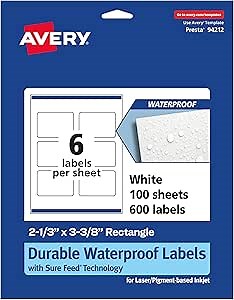 Amazon.com : Avery Durable Waterproof Rectangle Labels, Sure Feed Technology, 2-1/3" x 3-3/8", 600 Total, Oil and Tear-Resistant Waterproof Labels, Print-to-The-Edge, Laser/Pigment-Based Inkjet Printable : Office Products