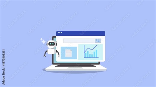 Flat illustration of a desktop monitor displaying a browser report with a growth chart and document, assisted by an AI robot, representing data reporting, business growth, automation