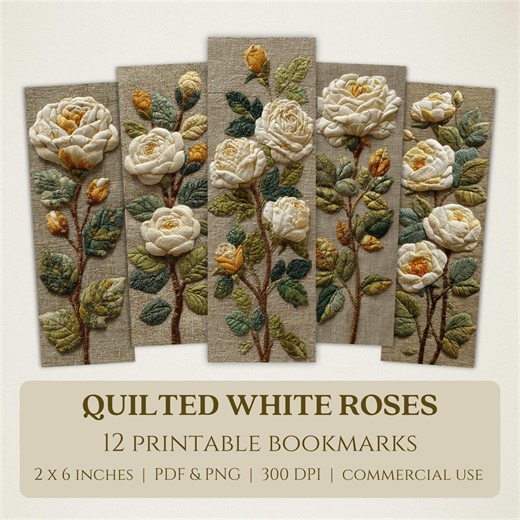 Quilted White Roses Printable Bookmarks, High Quality Digital Images, Cottagecore Book Lover Gift, Flower Junk Journal, Rustic Garden PNG - Etsy