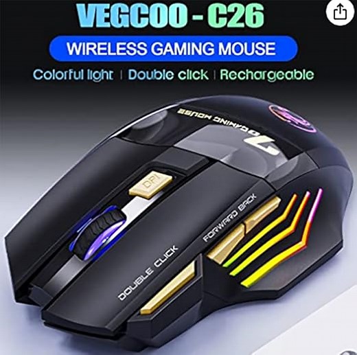 VEGCOO C8 Wireless Gaming Maus, wiederaufladbare Silent Click Gaming Maus mit 2.4G USB-Empfänger, 3 einstellbare DPI, 7 empfindliche Tasten Ergonomische RGB-Maus für Laptop PC Mac
