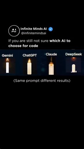 Artificial Intelligence (AI) • Tech • Business on Instagram: "🕯️ Same prompt. Four different AIs. Four completely different candles. Prompt: Create a standalone HTML file (no external resources, no libraries) that renders a highly realistic candle flame animation, and has it melt within 10 seconds. Gemini, ChatGPT, Claude, and DeepSeek all received the exact same instructions but the results look different. This is a reminder that AI tools don’t just execute prompts. They interpret them. Each m