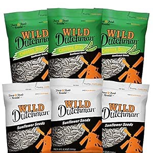 Wild Dutchman Roasted Sunflower Seeds, Original & Cheddar Dill, Pack of 6 | Three 6.5 oz Original Salted & three 5.5 oz Cheddar Dill, small-batch roasted in South Dakota, resealable snack bag
