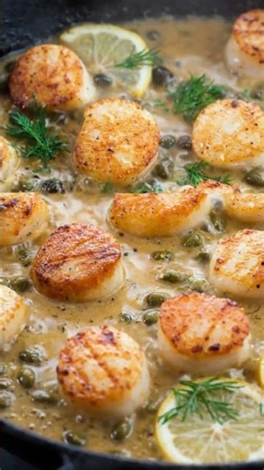 EASY PAN SEARED SCALLOPS WITH LEMON CAPER SAUCE #scallops #scallopsrecipe