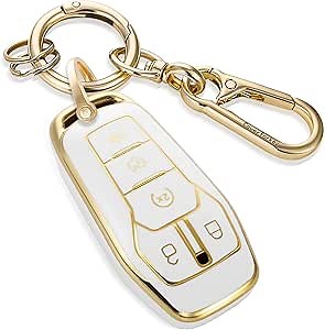 for Ford Key Fob Cover with Upgraded Anti loss Durable Metal Keychain, Fashionable Soft Case for Edge Explorer F150-350 Fusion Mustang Nautilus MKC MKX MKZ (Gold, A1)