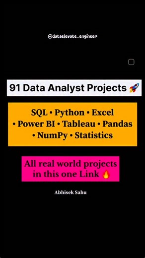 Abhisek Sahu on Instagram: "If you’re learning Data Analytics, this link is GOLD , Full of Data Analyst Projects !!🏆 91 projects covering: • SQL queries • Python (Pandas, NumPy) • Data Cleaning & EDA • Dashboards (Power BI / Tableau) Follow @dataelevate_engineer and Comment 'link' , I will send you the link directly into your dm !! ❤️ . . Happy Learning . [dataanalyst, dataanalytics,data analysis, resources, excel, sql, powerbi, portfolio, projects, roadmap, cheatsheet, skills, data, analyst, e