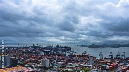 Yantian Port Container Terminal Shenzhen China Logistics Freight Operations Under Stormy Weather Conditions