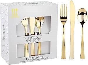 WDF 120 Pieces Gold Plastic Silverware - Disposable Flatware Set - Heavy Duty Plastic Cutlery - Silverware Includes 40 Forks, 40 Spoons, 40 Knives for Party/Wedding/Birthday/Valentine's Day