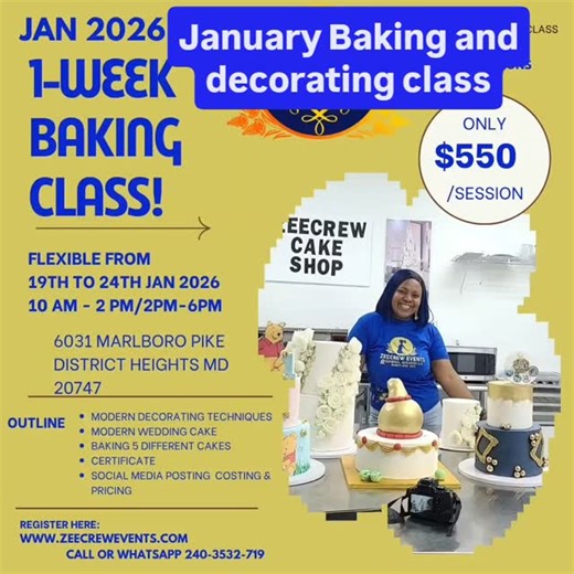 Zeecrew Cake shop|Baking Classes|Coaching🇺🇸 on Instagram: "LEVEL UP IN 2026! Start your year with a BAKING GAME-CHANGER! Join ZeeCrew Cake Shop's Beginner/Intermediate Class and master: - 5 show-stopping cakes - Layering, trimming, & decorating with buttercream + fondant wizardry - Wedding cake stacking like a PRO! - Get a RENOWNED certificate to showcase your skills! Limited spots! Comment "Baking" to secure yours! #ZeeCrewCakeShop #CakeGoals #NewSkillAlert"