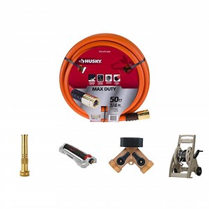 Heavy-Duty Brass Hose Faucet Adapter, Twist Nozzle, 50 ft. Hose, Sprinkler and 175 ft. Hose Reel Combo - The Home Depot