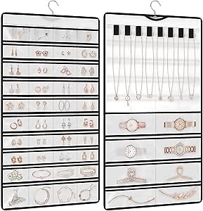 Elegant Hanging Jewelry Organizer for Closet, Double-Sided Dustproof Closet Jewelry Organizer for Earrings Necklaces Rings, Metal Hooks Wall Hanging Jewelry Organizer for in Hanging Closet, Wall, Door