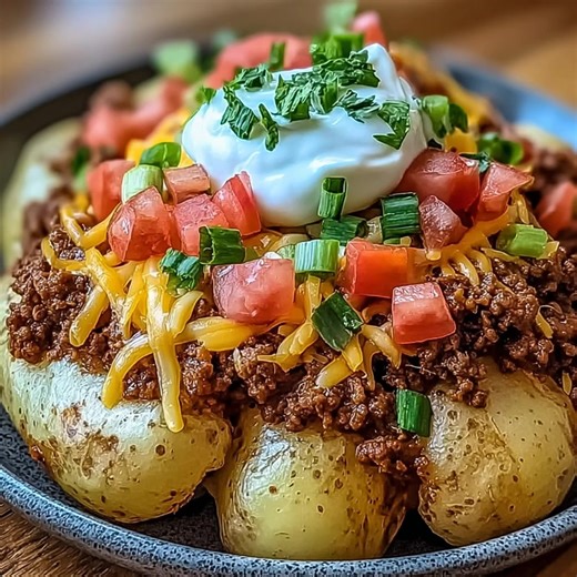 Taco Loaded Baked Potatoes These Taco Loaded Baked Potatoes are what happen when taco night and comfort food collide—in the best possible way. Imagine a hot, crispy-skinned potato fresh from the oven, Ingredients: 4 large russet potatoes, scrubbed clean 1 tablespoon olive oil 1 lb ground beef .... Full Recipe in Coʍmеոτ 💬 | Stir of Comfort