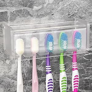 5 Slots Wall Mount Toothbrush Holder with Cover, Self Adhesive Toothbrush Storage Organizer for Shower, Toothbrush Hanger for Bathroom, Medicine Cabinet, Dorm (Frosted)