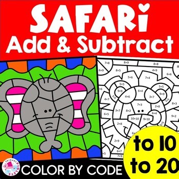 SAFARI ZOO Color by Number Code Addition & Subtraction to 10 & 20 SPRING SUMMER