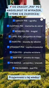 📌 CO ZNACZY „PIN”? 10 WYRAŻEŃ Z WYMOWĄ I PRZYKŁADAMI 🟦 SAFETY PIN /ˈseɪfti pɪn/ – agrafkaI used a safety pin to fix my shirt. (Użyłam agrafki, żeby naprawić koszulę.)🟦 CLOTHES PIN /kləʊðz pɪn/ – klamerka do ubrańShe hung the clothes with clothes pins. (Powiesiła ubrania klamerkami.)🟦 BOWLING PIN /ˈbəʊlɪŋ pɪn/ – kręgielHe knocked down all the bowling pins. (Strącił wszystkie kręgle.)🟦 LAPEL PIN /ləˈpel pɪn/ – przypinka do klapyHe wore a flag lapel pin. (Nosił przypinkę z flagą w klapie.)🟦 H
