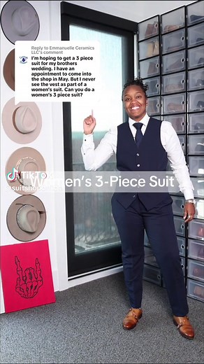 Replying to @Emmanuelle Ceramics LLC Who says you have to stick to dresses for weddings? Here’s a wedding look with a women’s suit! We’re loving the 3-piece suit styling, what about you? #suitshop #suitsforwomen #womensuit #weddingsuits