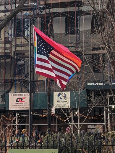 Live from NYC. The Progress Flag is down. We hopefully won't have to see that appropriator of gay history again. The Pride Flag once again hangs at Stonewall. #stonewall #pride #nyc