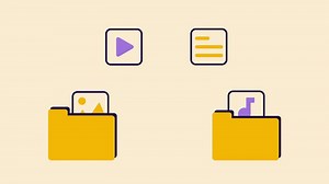 Animated illustration of an organized file folder containing multimedia icons, including images, videos, and documents, on a minimalist beige background. Perfect for data management concept