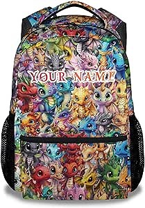 NICEFORNICE Custom Dragon Backpack, 17 Inch Cute Kids Backpack for Primary School, Colorful Large Capacity Bookbag for Girls, Boys