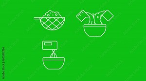 Baking white icons animation. Animated line baked good. Bakery food. Culinary class. Loop HD video with chroma key, alpha channel, transparent background. Outline motion graphic animation