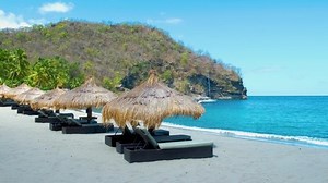 St Lucia Caribbean, Huge pitons drone view at Saint Lucia sugar beach St Lucia mountains at the beach with clear ocean