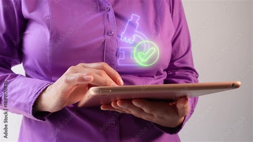Laboratory results. A businesswoman interacting with her tablet, which displays a virtual microscope icon and a checkmark.