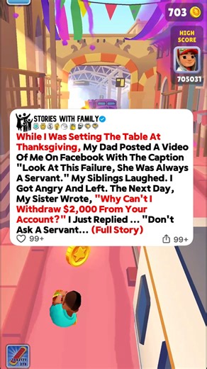 96K views · 1.9K reactions | While I Was Setting The Table At Thanksgiving, My Dad Posted A Video Of Me On Facebook With The Caption "Look At This Failure, She Was Always A Servant." My Siblings Laughed. I Got Angry And Left. The Next Day, My Sister Wrote, "Why Can't I Withdraw $2,000 From Your Account?" I Just Replied ... "Don't Ask A Servant... (Full Story) | Stories With Family | Facebook