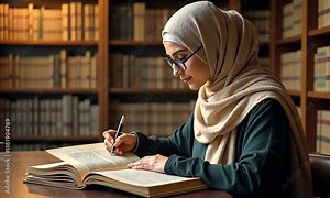 A scholarly Muslim woman in a grand library wearing a hijab and glasses, studying ancient manuscripts surrounded by bookshelves
