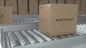 Made in ITALY import and export concept. Cardboard boxes with product from ITALY on the roller conveyor