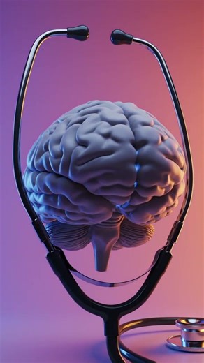 "A highly detailed, realistic human brain model at the center, encircled by a sleek, modern stethos