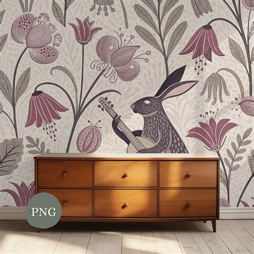 Folk Art Rabbit Seamless Pattern PNG, Storybook Woodland Bunny Floral Repeat, Vintage Botanical Nursery Fabric Design 12x12 300 DPI - Etsy