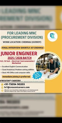 Junior Engineer Jobs 21 Apr 2026 🔥 Chennai Freshers Hiring + Kuwait Contract Administrator Job