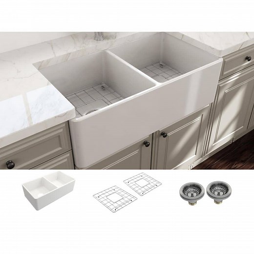 Reviews for BOCCHI Classico Farmhouse Apron Front Fireclay 33 in. Double Bowl Kitchen Sink with Bottom Grid and Strainer in White | Pg 2 - The Home Depot