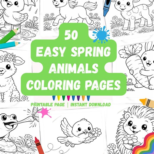 50 Easy Spring Animals Coloring Pages for Kids | Toddler Coloring Book PDF | Preschool Printable Activity | Cute Animal Coloring Sheets - Etsy