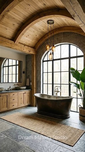 Dream Makers Studio | Bathtub goals defined. 🛁🍂 This isn’t just a bathroom; it’s a sanctuary. We combined raw stone textures with a warm, arched wooden ceiling... | Instagram
