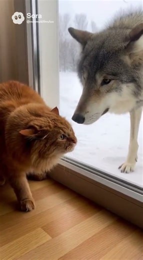 🐺Cat's Territory War! Hairy Cat Hisses at Giant Wolf-Dog, Gets Surprised Head Pat! 🤣🐾