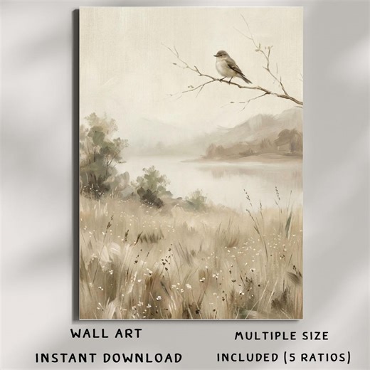Neutral Bird Wall Art Print | Farmhouse Lake Landscape Printable (digital Download) - Etsy