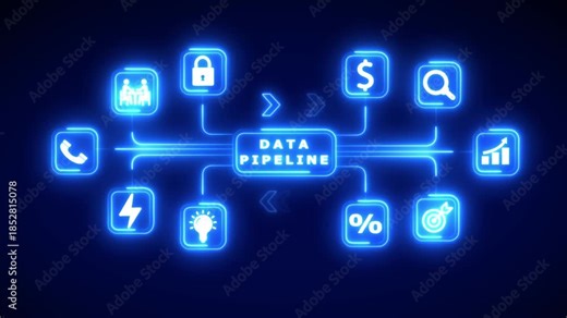 Diagram of a data pipeline with connected icons for communication finance and efficiency on a dark blue background Keywords: data pipeline technology diagram connection network icons communication