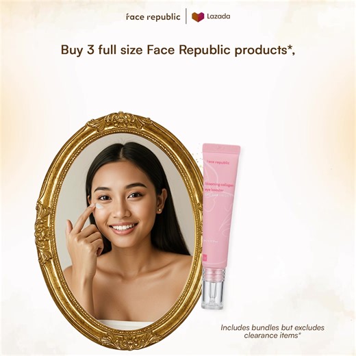 Your Glow, Upgraded for FREE 👀✨ Buy any 3 full-size Face Republic faves—bundles included!—and get a FREE Collagen Eye Booster worth ₱799! 💙 🎁 EXCLUSIVE VOUCHERS: Up to ₱1,200 OFF ⏰ BONUS 5% OFF on these hours! July 6: 8PM to 12MN July 7-9: 12MN to 2AM | 12NN to 2PM | 8PM to 10PM Snag your skincare and score a free glow-up essential while you’re at it. Tap 'Add to Cart' today! 💫 | Face Republic