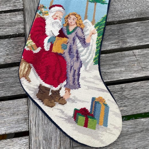 Vintage Christmas Wool Needlepoint Stocking, Holiday Stocking Santa and Angel With I Believe Embroidery - Etsy
