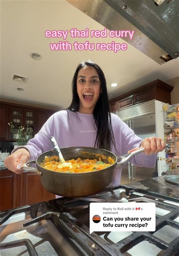 Replying to @Roll with it 🇨🇦 my fave cold day meal🤌🏽 recipe: 1. Coat tofu in soy sauce, garlic powder, red chilli crunch & cornstarch then air fry for 15 mins at 375F 2. Cut veggies - carrot, bell peppers, onion, broccoli, water chestnut, bamboo shoots 3. Sautee with garlic & add red curry paste and blend flavors 4. Add coconut milk salt, brown sugar, chilli (for spice) - keep tasting for flavor 5. Add air fryer tofu and simmer for 20 minutes for consistency 6. Top with basil leaves Don’t fo