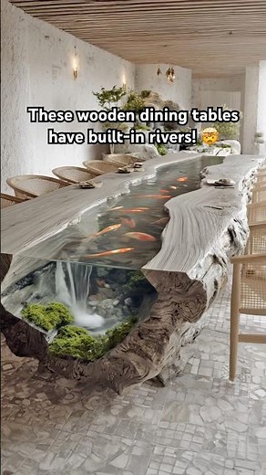 Absolutely stunning wooden dining tables that have built-in flowing rivers! Some with fish! 🤯👏👏